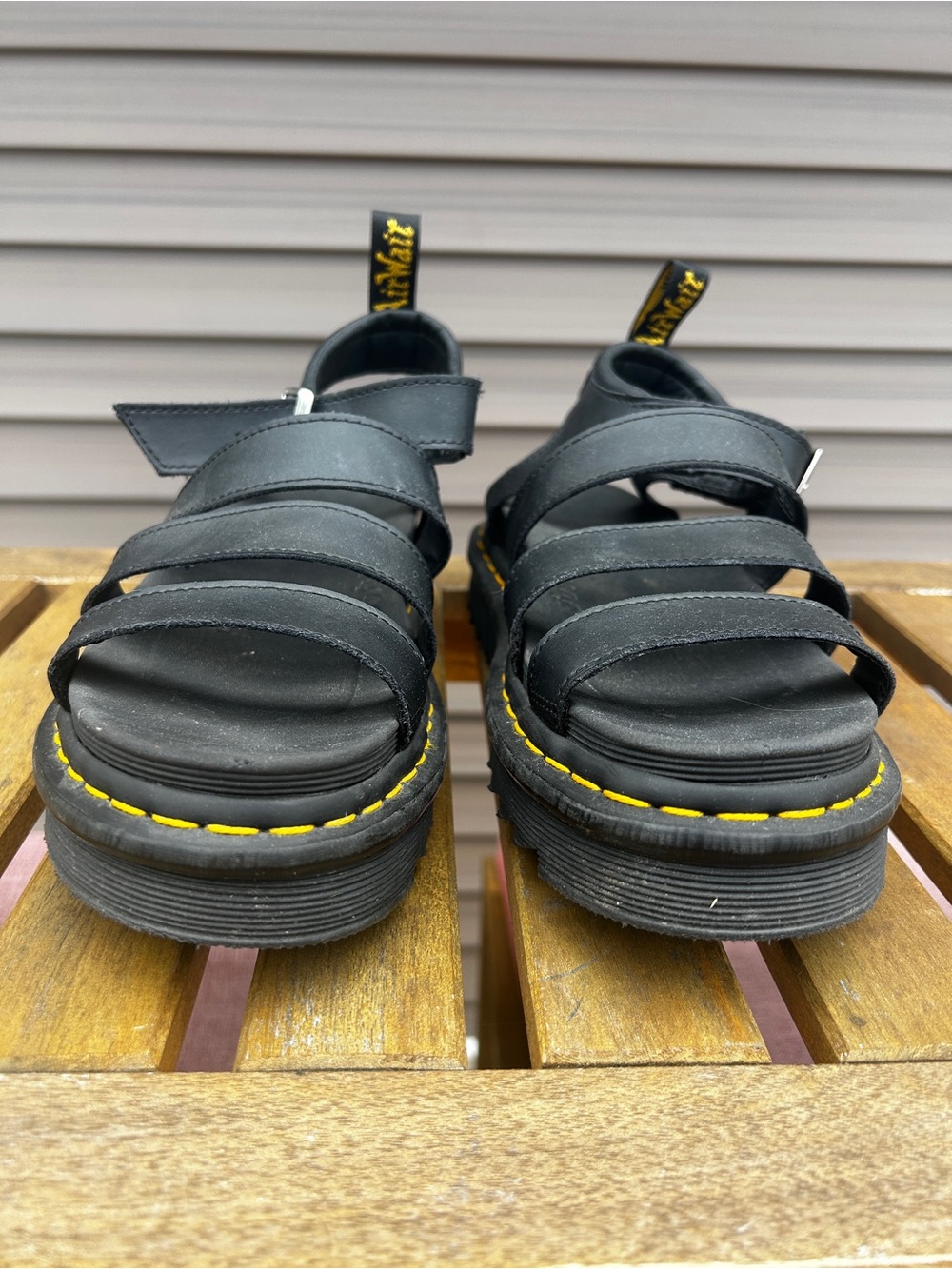 Dr. Martens Black Leather Strappy Platform Sandals with Yellow Stitching